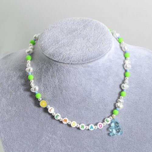 Cute Korea Rainbow Gummy Bear Pendant Pearl Beads Letters Choker Fashion Necklace for Women Girls Party Clavicle Necklace