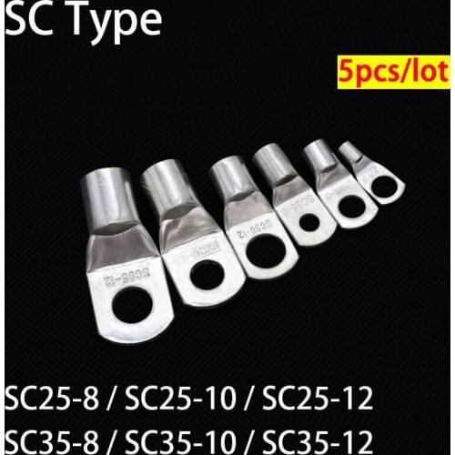 5pc SC Type Wire Nose Terminal SC25 SC35 Bare Copper Battery Block Lugs Hole ID 6mm 8mm 10mm 12mm Crimp DTGA Cable End Connector