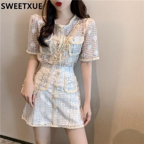 SWEETXUE Fashion Womens Two-Piece Set Summer New Lace Perspective Coat Jacket + High Waist Skirt Suit Female