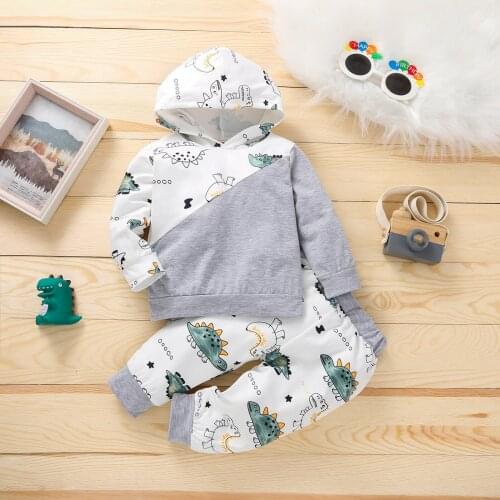 18 months - 5 years old boys suit hooded sweater suit cute dinosaur pattern mosaic white and gray top + trousers suit polyester