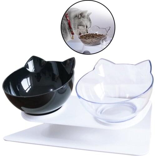 Cat Food Bowls Plastic Cat Double Bowl Kitten Bowl Transparent Material Non-Slip Food Bowl With Protection Cervical Cat Supplies