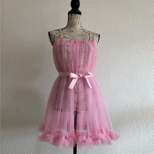 Pink Cute Thru Sexy Nightgown Tulle Ruffles Ribbon Trim Bows Spaghetti Strap Dresses Plus Size Custom Made