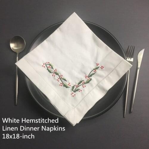 Set of 12 Fashion Wedding Napkins white Hemstitched linen Table Napkin with Color Embroidered Floral Dinner Napkins 18x18-inch