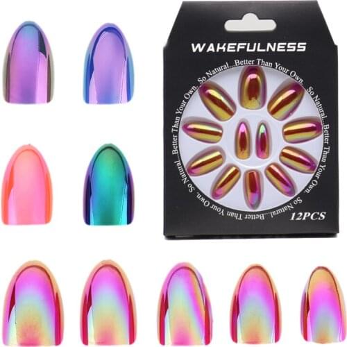 WAKEFULNESS 12Pcs Holo Stiletto False Nails Tips Mirror Chrome Pigment Full Cover Fake Nail Tips Manicure Press On Nails Tools