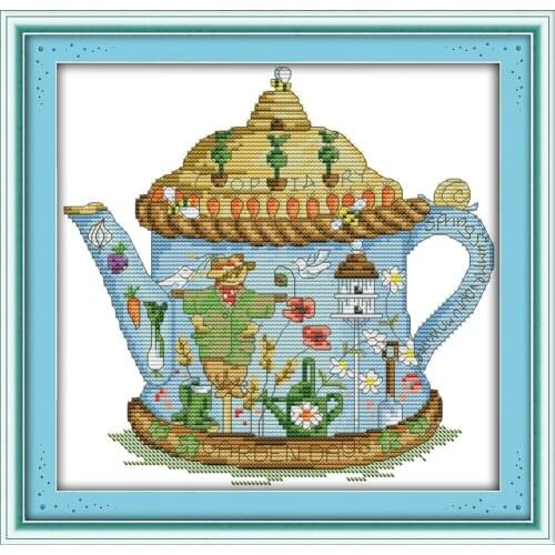 NKF The Scarecrow Teapot Patterns Needlework Painting Cross Stitch Embroidery Kit Cross Craft Cross Stitch for Home Decor
