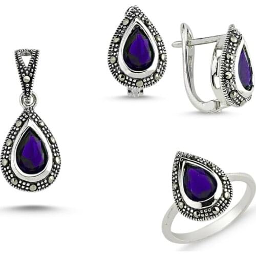 Silver 925 Sterling Marcasite Pendant Earring & Ring Set