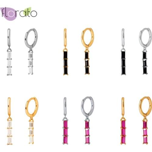 Three color Black/White/Rose Red Zircon Pendant 925 Sterling Silver Ear Buckle Hoop Earrings For Women Simple Fashion Jewelry