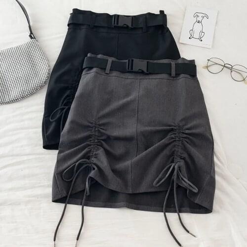Summer Women A-line Skirt Korean Empire Solid Office Lady Cute Above Knee A-Line High Waist Mini Skirts Drawstring Belt