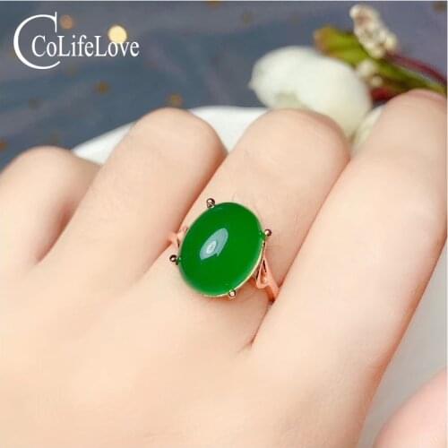 CoLife Jewelry Simple 925 Silver Gemstone Ring for Daily Wear 10*13mm Natural Chalcedony Ring Silver Green Chalcedony Jewelry