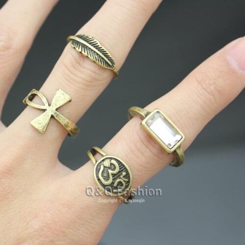 Jewelry Vitnage Gold Egyptian Ankh Cross Key Life Hindu Indian Om Ohm Aum Feather Leaf Women Men Dropshipping Rings Set