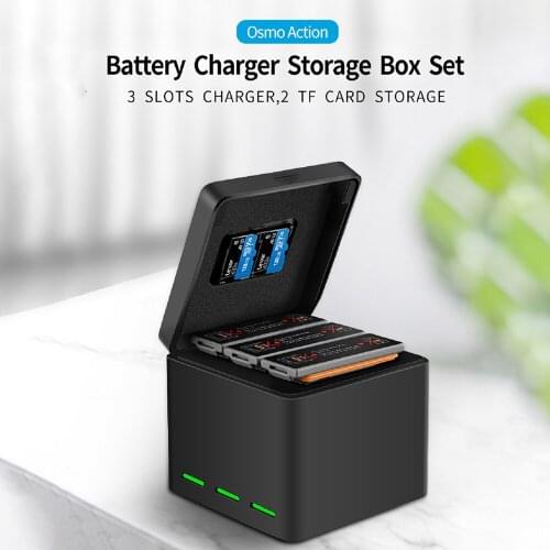 TELESIN 2 Pack Battery 3 Slots Battery Charging Box USB Charger 2 TF Card Storage Box for DJI Osmo Action Camera Accessories
