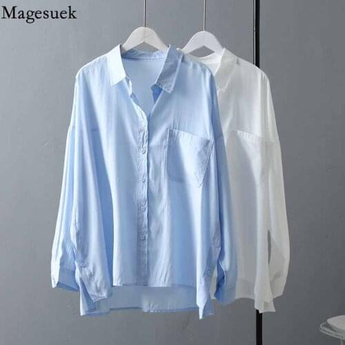 Autumn Long Sleeve Casual Women Shirts 2021 Stand Collar Blue Loose Blouse OL Style Side Slit Buttons Women Tops blusas 16306