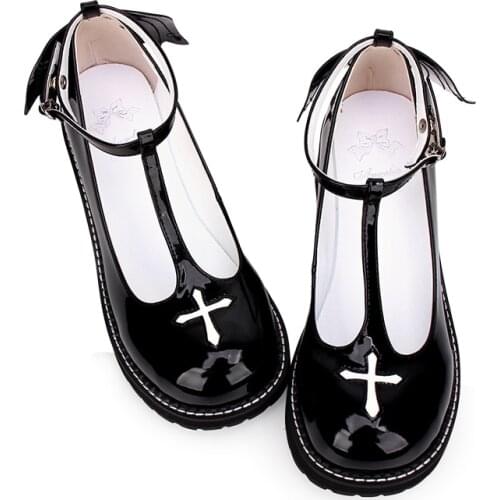 OLOMLB Womens Lolita Round Toe Gothic Cross Punk Pumps Platform Bat Wings Platform High Heel Shoes Creepers Japanese Harajuku