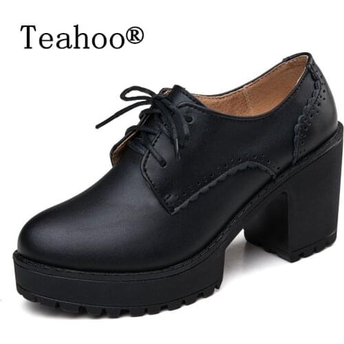 2017 Thick High Heeled Shoes Pumps Woman Ankle Strap Round Toe Lacing Female Platform Oxford Shoes Casual Office zapatos mujer