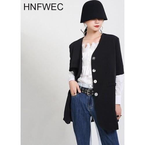 Asymmetric Blazer For Women V Neck Half Sleeve Pocket Loose Elegant Coat Female 2020 Autumn Fashion New Clothing Tide K117