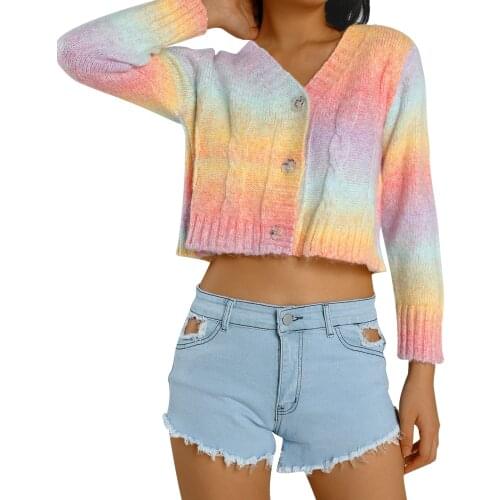 New Knitted Cardigan Women’s Casual Long Sleeve Fashion Candy Color-block Jumpers Tie Dye Sweater Female Autumn Coat