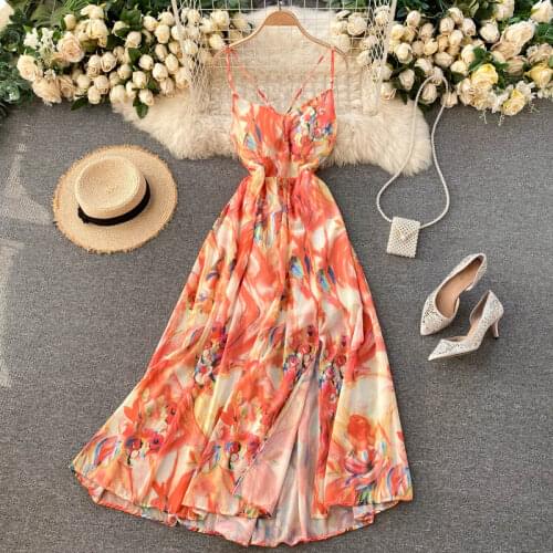 SINGREINY Bohemian Floral Strap Dress Women Korean Chic Backless A-line Party Dresses Summer Sexy Off Shoulder Split Beach Dress