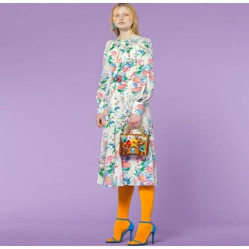 2021 spring summer women runway dresses long-sleeve flower printed mid-calf dress with 3D flower Appliques dress XXL sashes