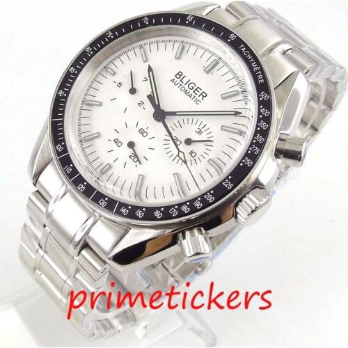 Automatic movement BLIGER 40mm white dial mens watch date and week indicator arched glass polished case mental strap