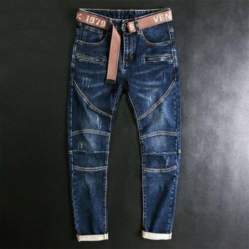 European American Street Fashion Men Jeans Retro Blue Elastic Slim Fit Biker Jeans Men Spliced Designer Hip Hop Denim Punk Pants