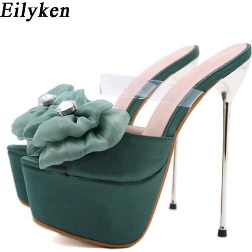 Eilyken 2021 Summer Women Slippers Sweet Satin Bowtie Mule High Heels Slippers Sandals Sexy Slides Party Shoes Woman