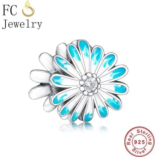 FC Jewelry Fit Original Brand Charm Bracelet 925 Silver Blue White Enamel Daisy Bead For Making Women Berloque Spring 2020 NEW