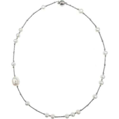 FoLisaUnique White Freshwater Pearl Necklace Stainless Steel With 14K White Gold Plated Pipes Choker For Women Girl Gift 18 Inch