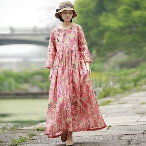 Johnature Spring Summer Comfortable Retro Plate Buckle Floral Print O-neck Pockets Dresses 2021 New Simple Fashion Women Dress