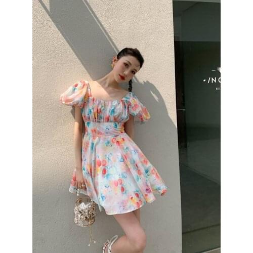 Korean Ink Colorful Print Bow Square Neck Summer Girl Princess Dress Women Sweet Fairy Cute Chic Dress Female Vestido Mujer