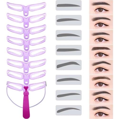 Reusable 8 in1 Eyebrow Shaping Template Helper Eyebrow Stencils Kit Grooming Card Eyebrow Defining Makeup Tools