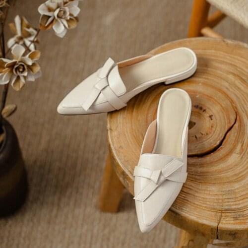 2021 New Natural Genuine Leather Mules Shoes for Women Sweet Bow-tie Butterfly-knot Black Brown Beige Slip ons Flats Mules Shoes