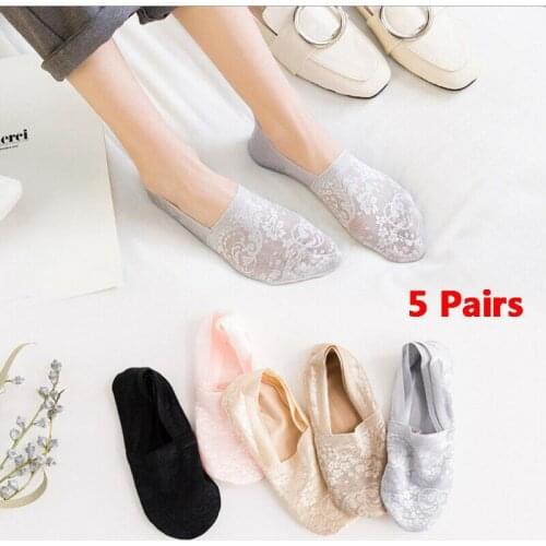 5 Pairs Women Lace Socks Slippers Boat Invisible Anti Skid Low Cut No Show Non Slip Liner Ladies Summer Breathable Sock Fashion