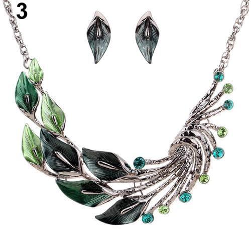 Retro Tibetan Leaf Peacock Crystal Rhinestone Drop Earrings Short Necklace Set New