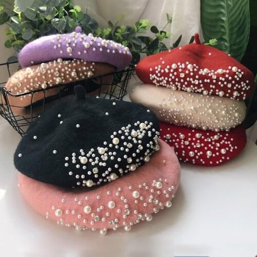 2021 New Arrivals Winter Warm Pearl Rhinestone Beret Hat Classic Beanie Caps French Berets Casual Winter Hat for Women Girl Cap