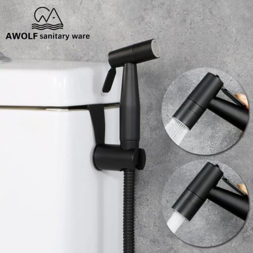 Black Stainless Steel Toilet Hand Held Bidet Sprayer Douche Kit 2-ways Shattaf Hoder & hook Set Shower for toilet washing AP2119