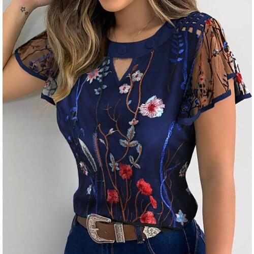 Spring Summer Women T-Shirt Hollow Out Ruffled Sleeve Marguerite Floral Embroidered T-shirt Top Femme T Shirt Womens Clothing