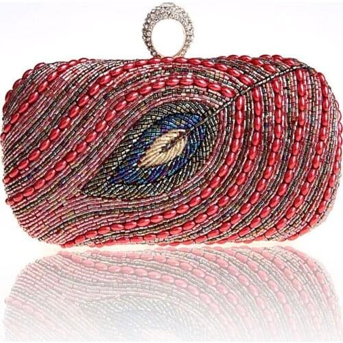 2021 Vintage Hand-beaded Sequined Evening Bag High Grade Peacock Feather Evening Clutch Purse Dress Chain Clutch Handbag WY51
