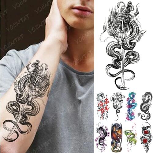 Waterproof Temporary Tattoo Sticker Dragon Sword Snake Flash Tattoos Rose Owl Wolf Body Art Arm Fake Sleeve Tatoo Women Men