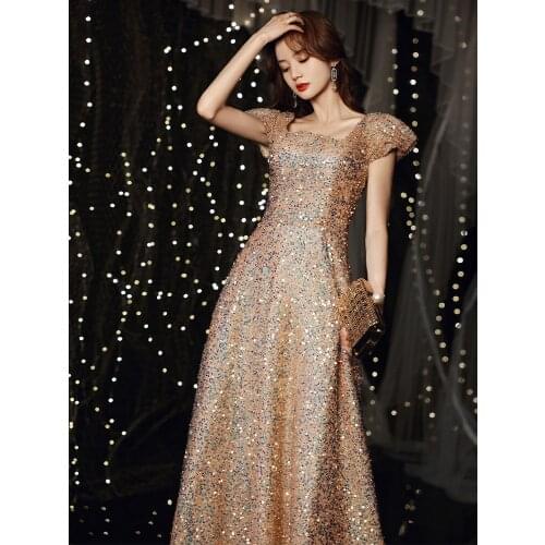 Women Short Sleeve A-line Evening Dresses Party Elegant Square Neck Sequin Sparkly Formal Gown Plus Size