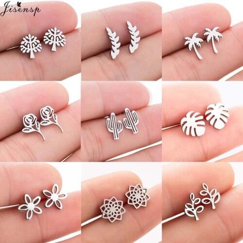 Jisensp Vintage Life of Tree Stud Earrings Lovely Flowers Leaves Stainless Steel Earrings for Women Fashion Jewelry Gift