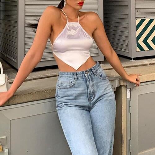 Halter Sleeveless Satin Crop Tops Women Underwear Short Sexy Backless Bustier Tanks Tops Inverted Triangle Solid Mini Streetwear