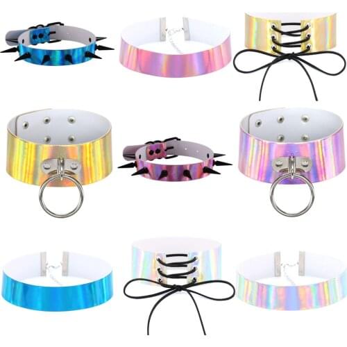 Gothic laser leather wide sexy collar punk aesthetic spiked pendant chains necklaces for women egirl goth Unusual choker jewelry