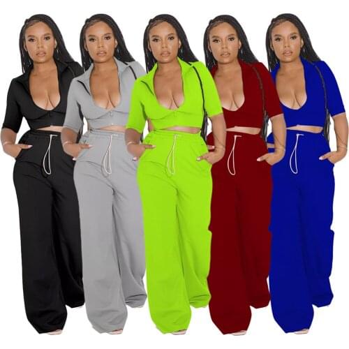 Two Piece Sets Women Solid Autumn Tracksuits High Waist Stretchy Sportswear Hot Crop Tops And Wide Leg Pants Matching Outfits