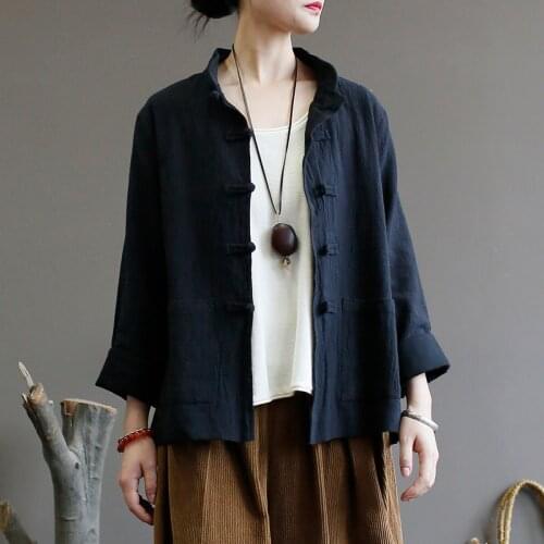 Women Loose Stand Collar Solid Color Jackets Ladies Loose Simple Chinese Style Tops Coat Female 2019 Autumn Retro Outerwear
