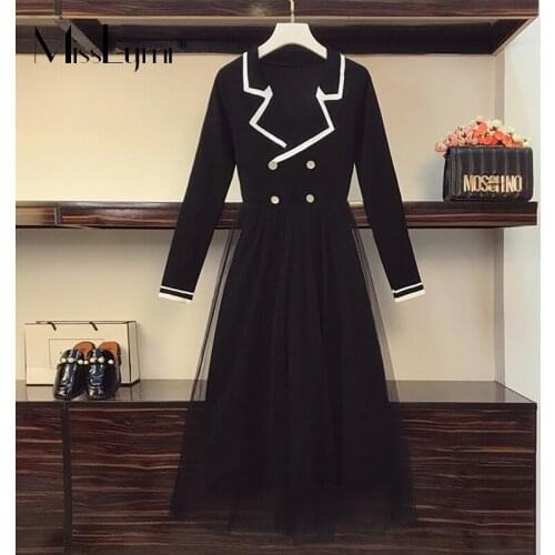 4XL Plus Size Women Mesh Patchwork Knitted Dress Autumn 2021 Tweed Striped Long Sleeve Ladies Double Breasted Midi Blazer Dress