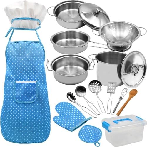 18pcs Boys Girls Educational Stainless Steel Cooking Utensils Fun Chef Hat Pot Pretend Play Toy Pan Home Kids Kitchen Playset