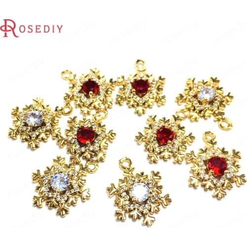 38647)6PCS 14MM 24K Champagne Gold Color Brass and Zircon Snowflake Charms Pendants Jewelry Making Supplies Diy Accessories