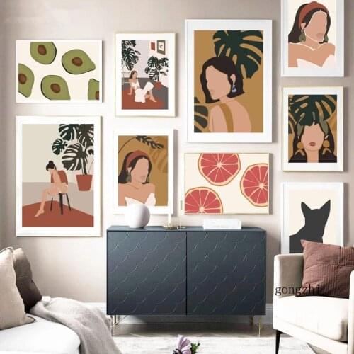 Boho Fashion Girl Grapefruit Avocado Monstera Abstract Poster Canvas Painting Prints Cat Wall Art Pictures for Living Room Decor