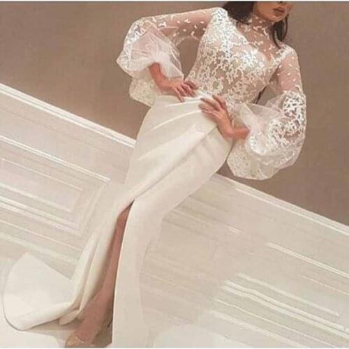 White Appliqued Lace Long Sleeve Evening Dress Simple High Neck Court Train Customed Made Prom Gown robe de soiree