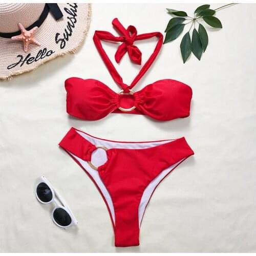 Halter Bandeau Bikini Womens Swimsuit High Waist Swimwear Sexy Rings Biquini Red Beachwear 2021 Brazilian Solid Bikinis Bather